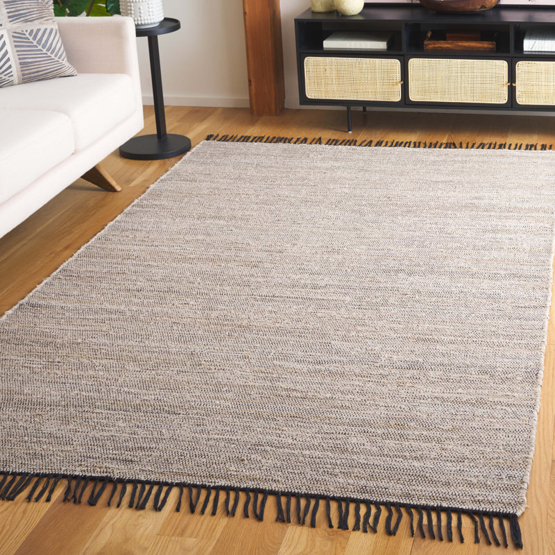 Tapis ivoire / noir en coton tissé à la main Abir, Rectangle 5 pi x 8 pi