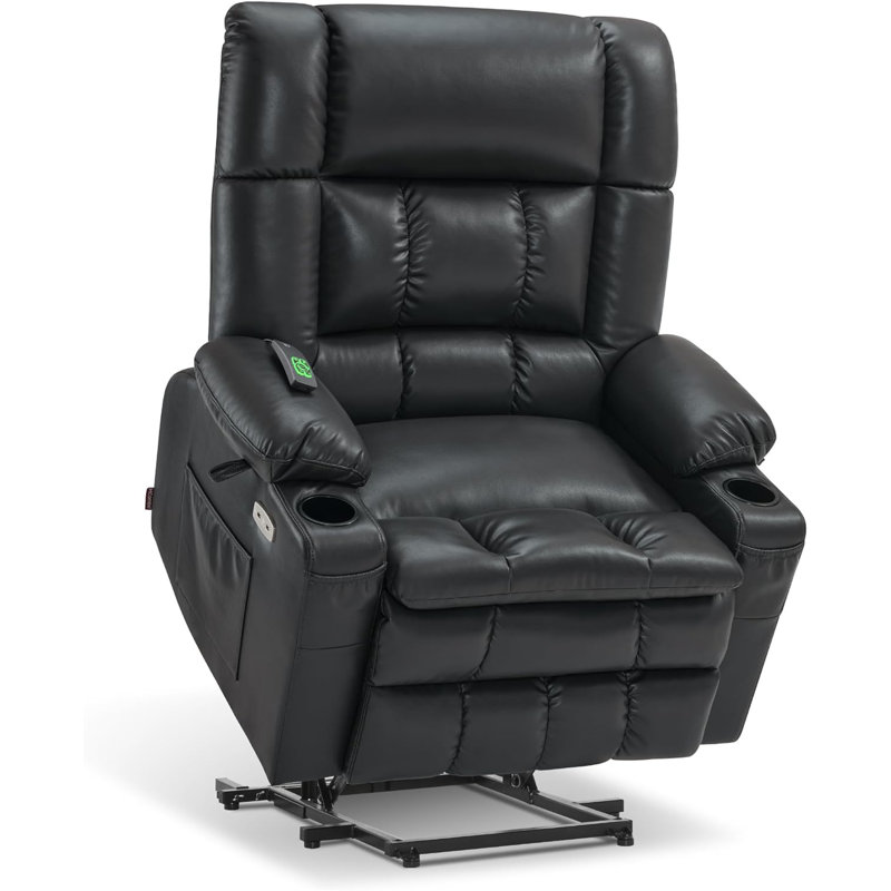 26.4'' W Oversized Dual Motor Power Lift Recliner Infinite Position With Heat And Massage, Faux Leather, Black