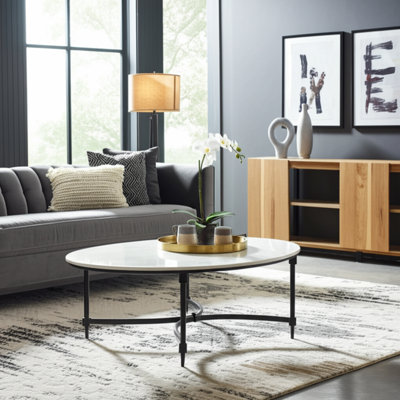 Stone Marble And Iron Oval Coffee Table With Contemporary Frame