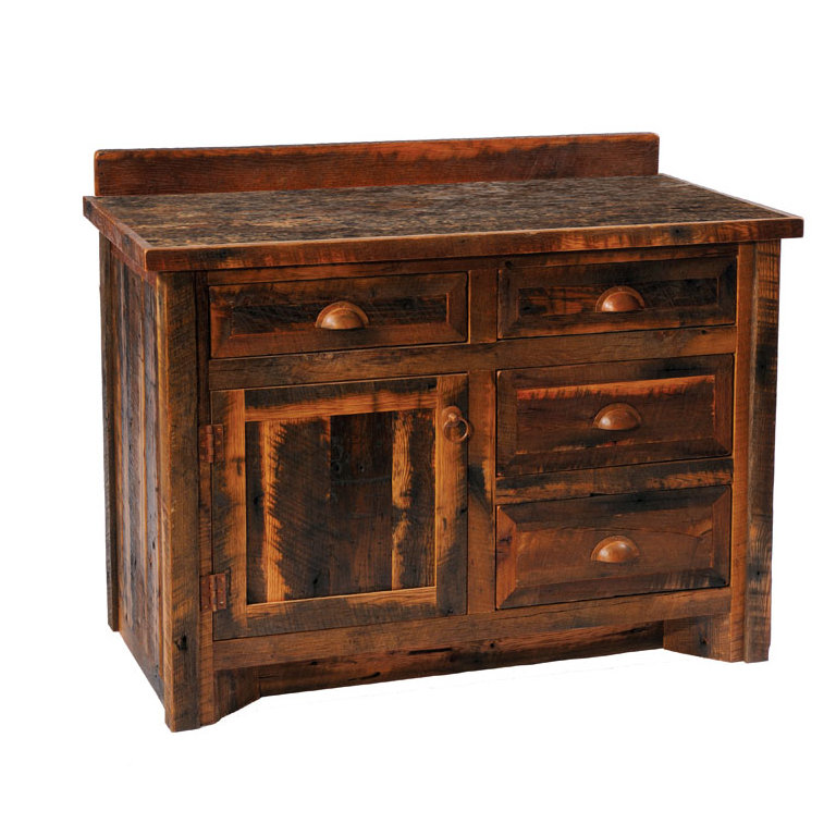 Meuble-lavabo Fireside Lodge Barnwood - 4 pieds - Plateau en stratifié à rebords en bois de grange - Évier à droite, Droite
