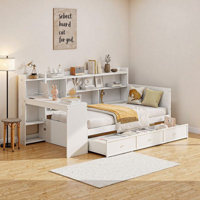 White Twin Size Space-Saving Daybed with 3 Drawers, Built-In Desk & USB Charging Station