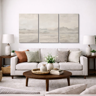 Pastel Watercolor Cloudy Sky Grey Abstract Landscape Framed On Canvas 3 Pieces Print