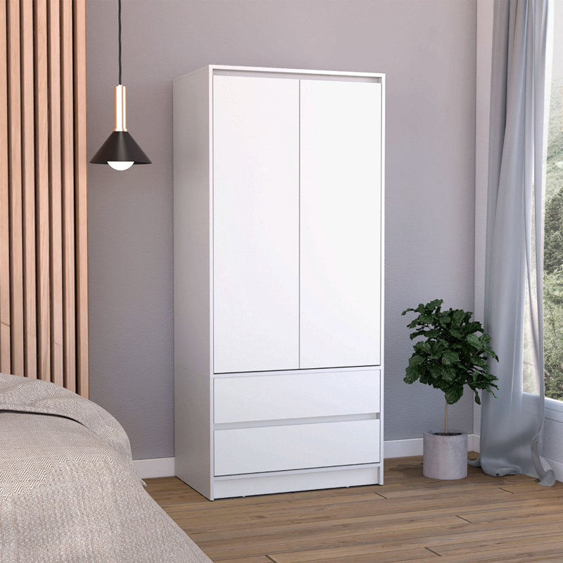 Armoire 2 tiroirs, porte double, tringle, Blanc