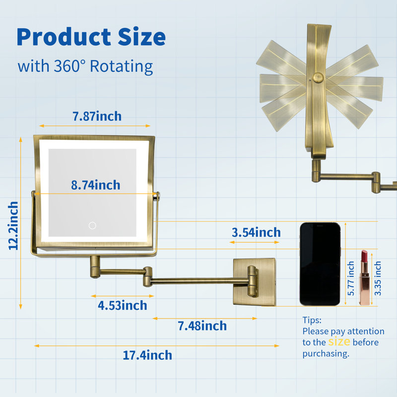  Miroir de maquillage mural rechargeable avec lumières, miroir de coiffeuse grossissant 1X / 10X à double face avec lumière 3 couleurs, écran tactile à intensité variable, bras rotatif à extension à 360 ° (laiton antique)