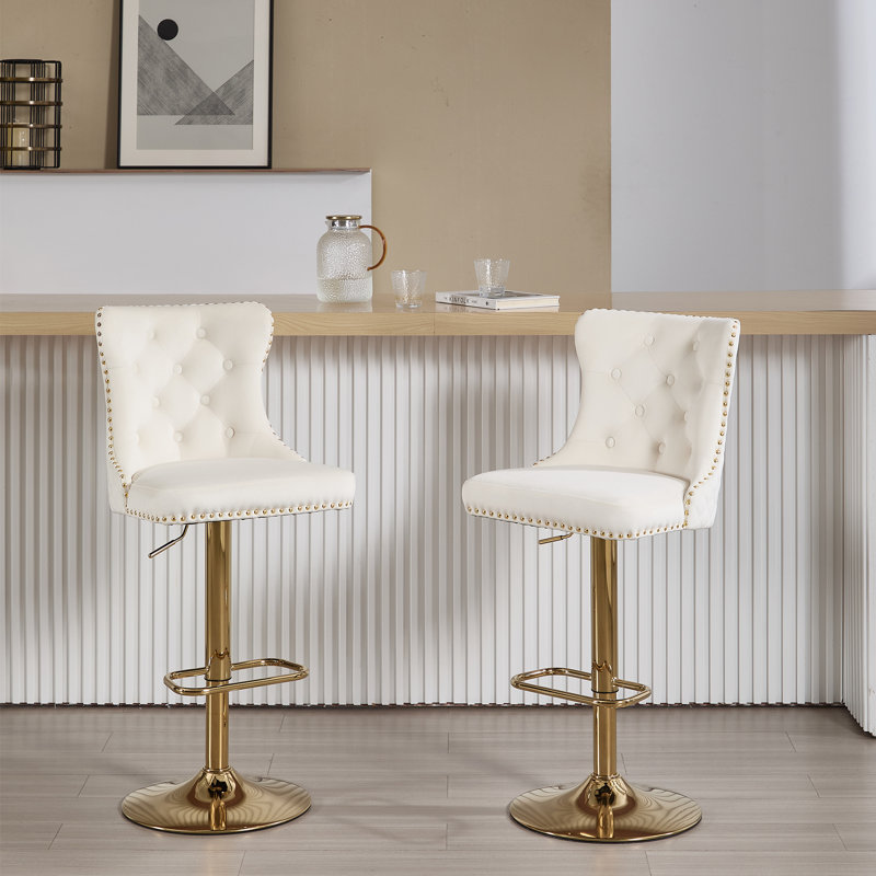 Swivel Upholstered Velvet Adjustable Height Counter Stool, Gold, Cream