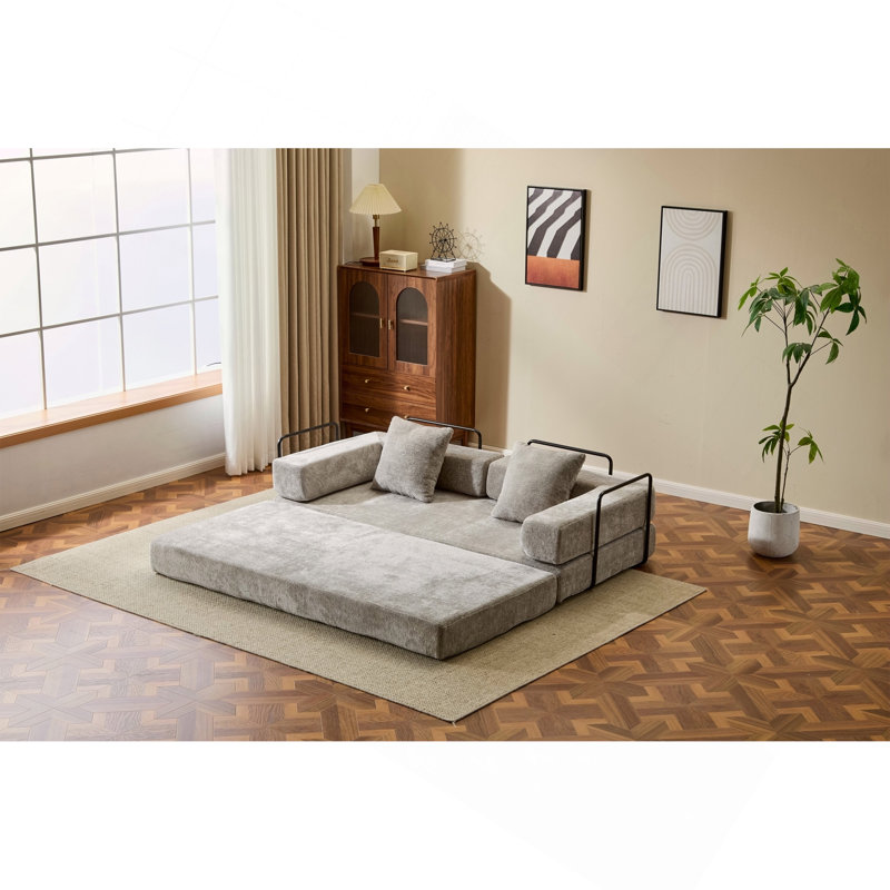 Canapé au sol, canapé à compression, canapé-lit au sol convertible avec accoudoirs à dossier, coussin en futon confortable, tissu chenille, pour la chambre du salon (GRIS CLAIR)