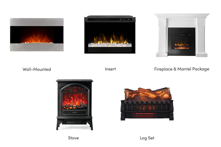 Labeled collage featuring wall-mounted, insert, fireplace and mantel package, stove, and log set electric fireplace options.