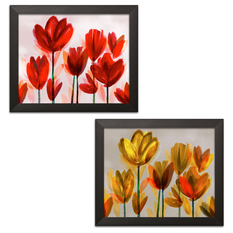 Jolie « rouge et jaune tulipe », ensemble de 2 reproductions d’art, H 14 po x l 11 po x P 0,75 po, Cadre noir