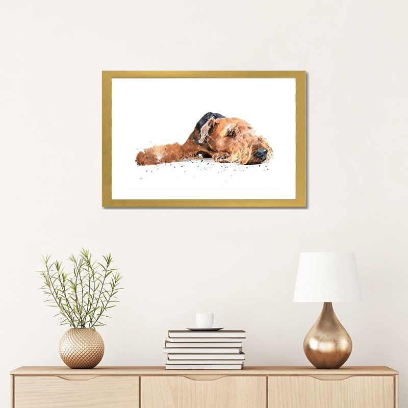 " Airedale " by EdsWatercolours, White, 16" H x 24" W x 1" D, Gold Framed Paper