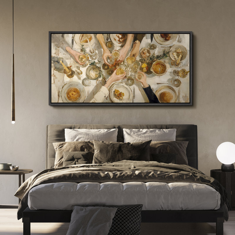 Warm Toned Feast Celebration Artwork Extra Large Pictures Framed Canvas Print Wall Art, 30" H x 60" W, Black