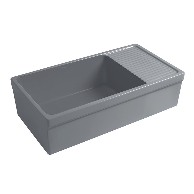 Whitehaus 36” Single Bowl Fireclay Kitchen Sink: Integral Drainboard, 2-1/2" Lip Front Apron, Matte Cement
