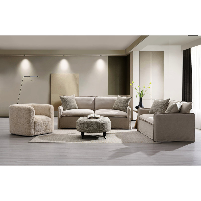 Chaise pivotante beige avec construction, confort en mousse complète, housse en lin élégante pour un siège moderne, support de coussin, structure en bois