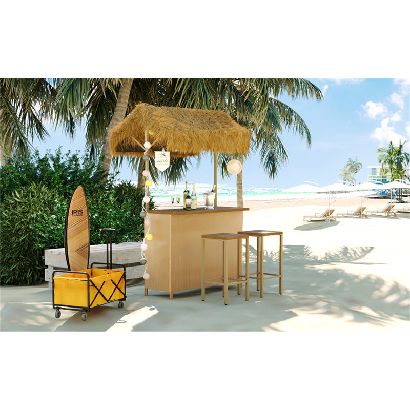 Hawaiian-Style Bar Height Patio Set With PE Grass Canopy, Outdoor Bar Table And Stools With Adjustable Feet, Acacia Wood Top, For Dining And Drinking