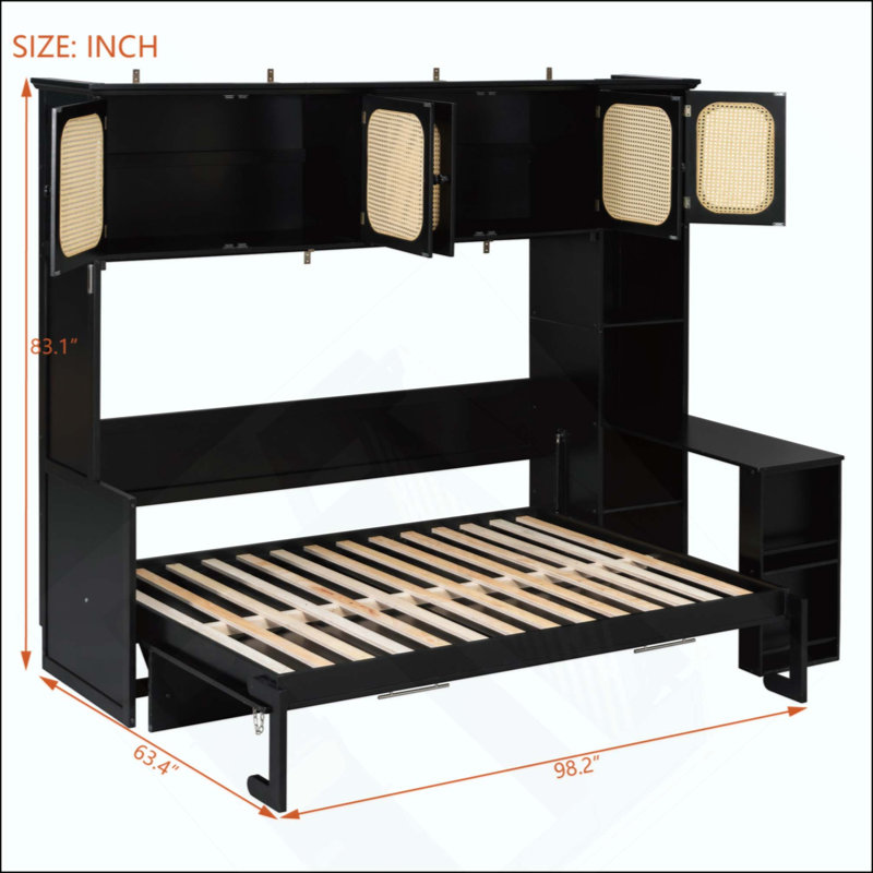 Lit escamotable avec bureau et armoires en rotin, lit mural peu encombrant pour bureau à domicile, Black