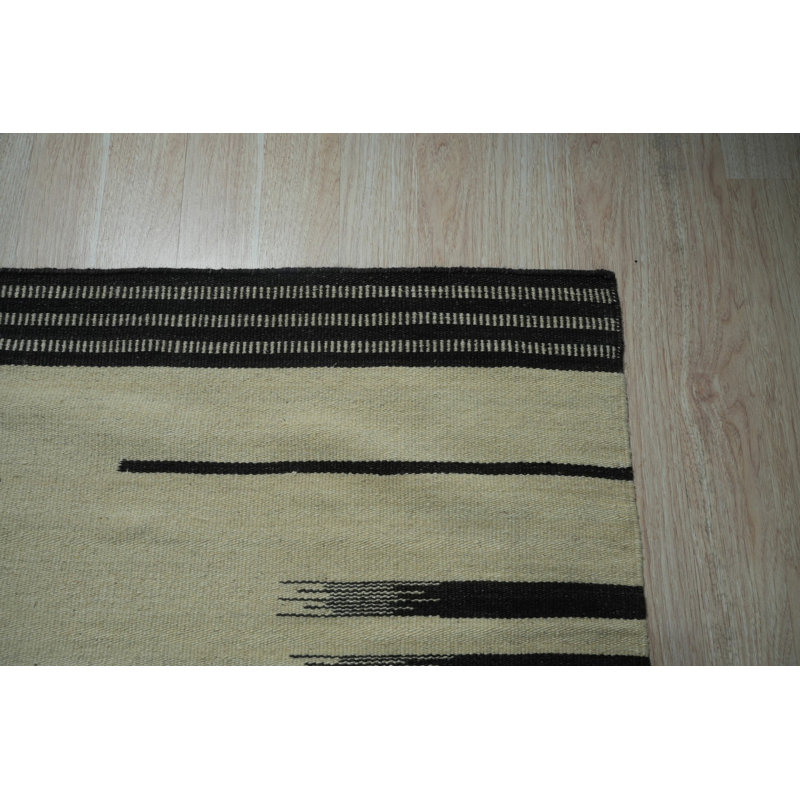Ivory Handwoven Wool Striated Border Geometric Modern Contemporary Carpet Rug, 9' x 12'