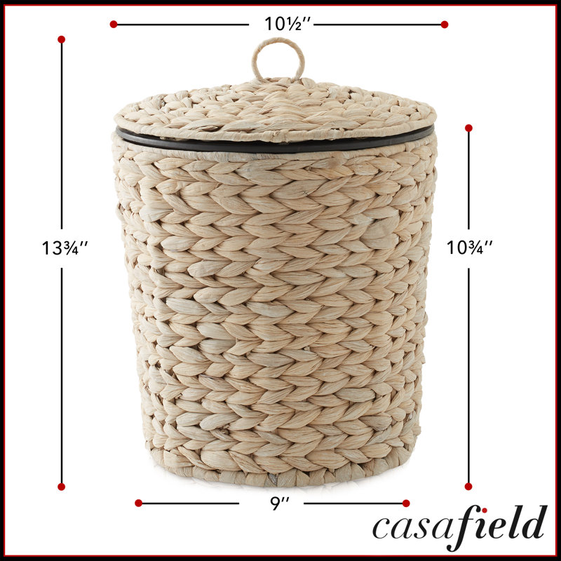 Water Hyacinth Waste Basket with Lid and Liner, Whitewash - Woven Trash Can, White