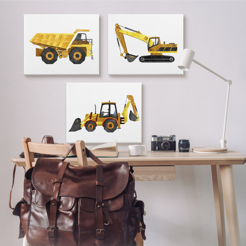 "Construction and DemOLion Camions" jaune par Ziwei Li - ensemble de 3 impressions, H 30 po x l 24 po, Toile tendue
