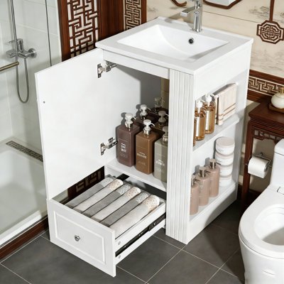 Meuble-lavabo de salle de bain avec lavabo, tiroir à fermeture en douceur et tablettes latérales ouvertes