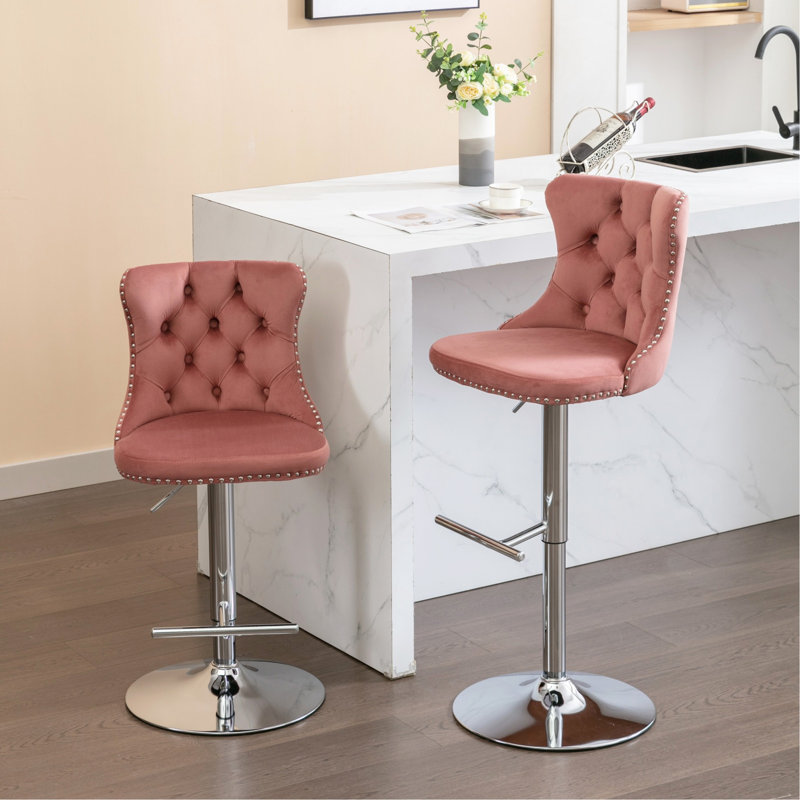 Swivel Velvet Barstools Adjusatble Seat Height From 25-33 Inch, Modern Upholstered Chrome Base Bar Stools With Backs Comfortable Tufted For Home Pub And Kitchen Island, Pink,Set Of 2,1712PK