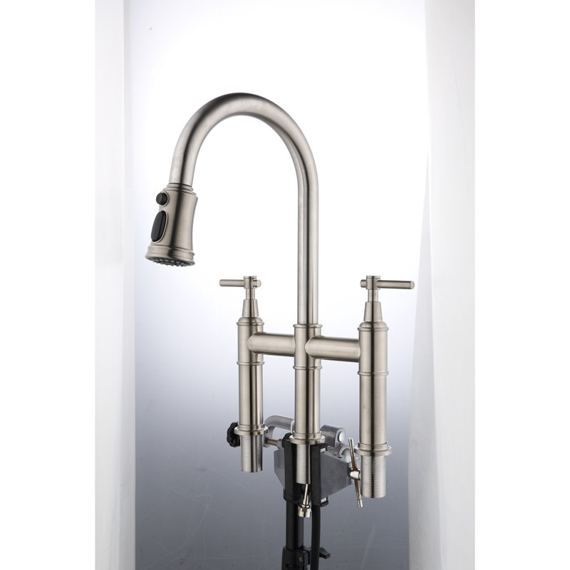 Robinet de cuisine avec robinet rétractable encastré en nickel brossé, interrupteur à deux poignées pour une gestion précise de l'eau, buse haute rotative à 360 degrés, matériau en laiton, pont en nickel avec aérateur à débit libre