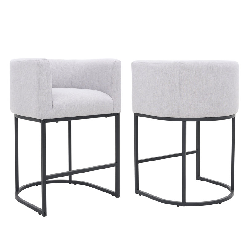 Upholstered Barrel Counter Stool, Light Gray, Black