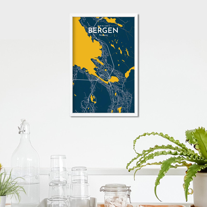 Bergen City Map, impression, H 17 po x l 11 po, Bleu / jaune