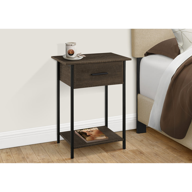 Table tendance à 2 niveaux pour chambre à coucher - Chêne foncé et bout en métal noir avec tiroir 18 po X P 11,51 po