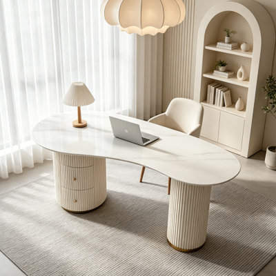 Modern Irregular Sintered Stone Top Desk with Drawer, White Faux Leather Wrapped Density Board Legs, Luxury Curved Home Office Writing Desk
