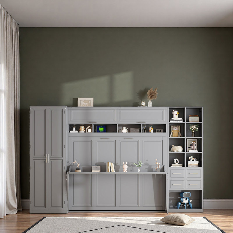 Grand lit escamotable mural avec placard, tiroirs et tablettes