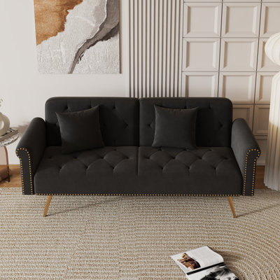 Plush Beige Velvet Convertible Sofa Bed With Decorative Nail Heads