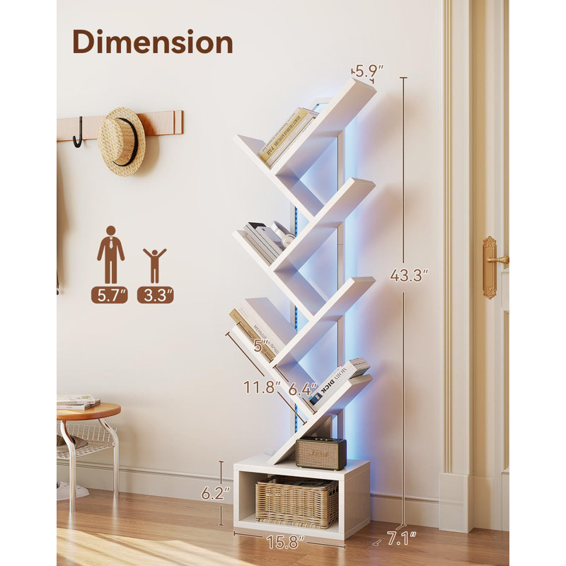 6-Tier Tree Bookshelf — Narrow Floor Standing Bookcase, White