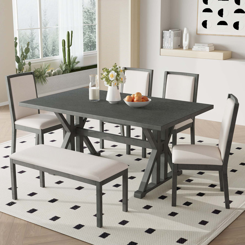 Table de salle à manger 6 pièces avec 4 chaises rembourrées et banc Farmhouse Classical, Gris