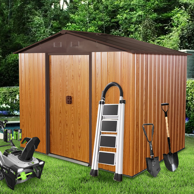 8Ft X 6Ft Outdoor Metal Storage Shed, Coffee. Robust Galvanized Iron Frame, Coated Panels, Integrated Punched Vents. Sliding Doors And Padlock. Simple Installation. Construction For Durability,