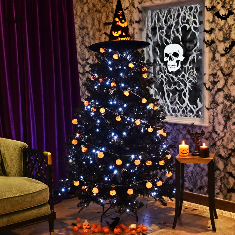 Arbre de Noël pré-éclairé en PVC noir avec lumières DEL fraîches, 5'