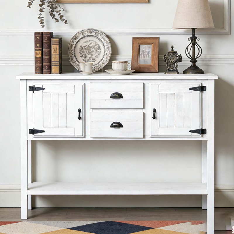 48'' Solid Wood Sideboard Console Table with 2 Drawers and Cabinets and Bottom Shelf, Antique White