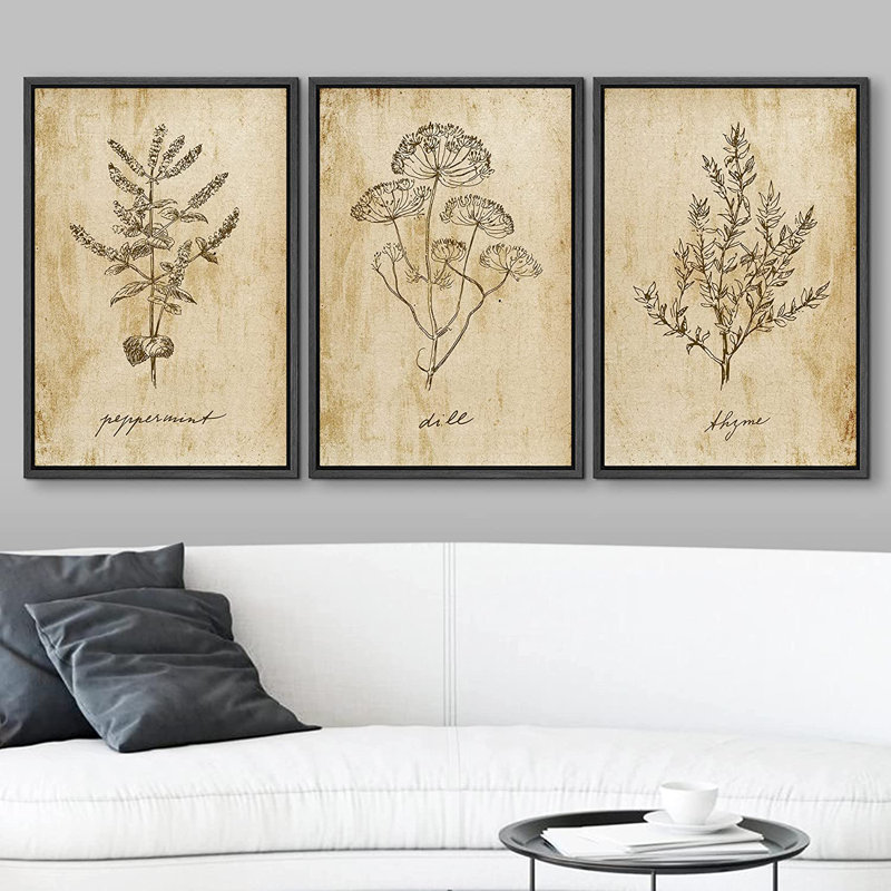 Herb Seasonings - ensemble de 3 reproductions sur toile, H 24 po x l 48 po x P 1,5 po, Cadre flottant noir