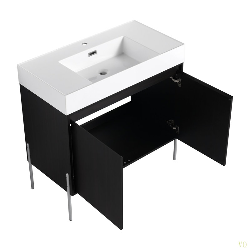 Meuble-lavabo sur pied 36 po avec lavabo en résine, armoire de rangement avec portes à fermeture douce (ensemble KD)