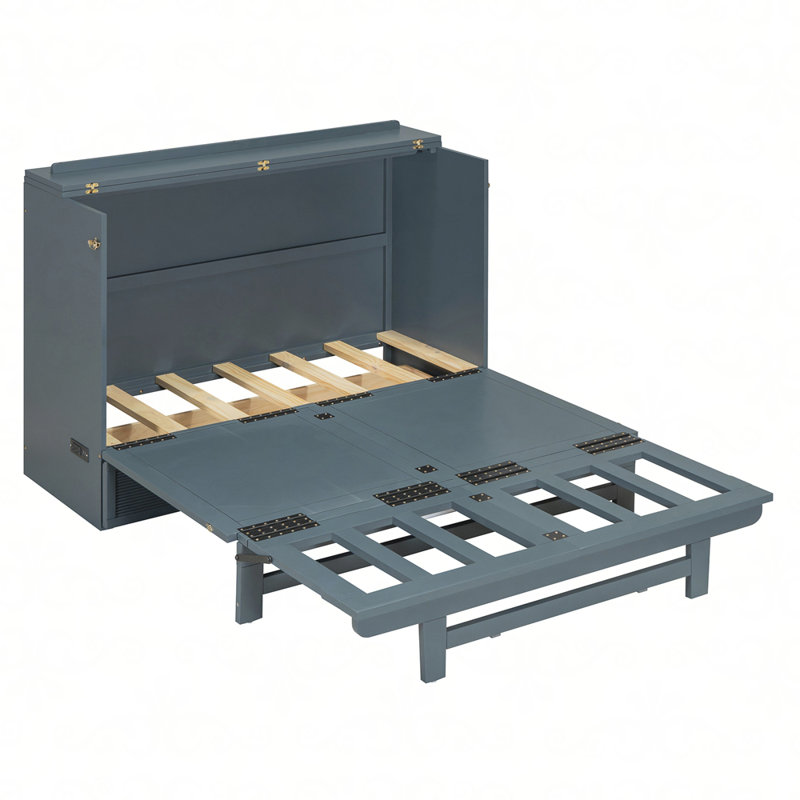 Lit escamotable avec grand tiroir, ports USB et prises de courant, gris, Double