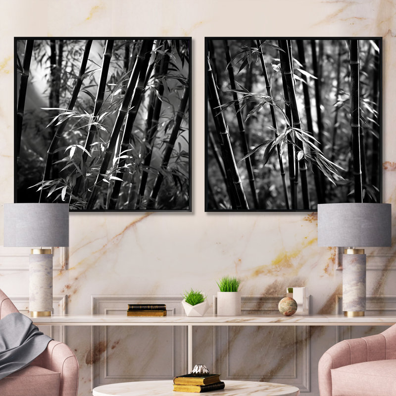 Forêt de bambou monochrome - ensemble de 2 collages carrés en bambou, Cadre flottant noir, H 16 po x l 33 po