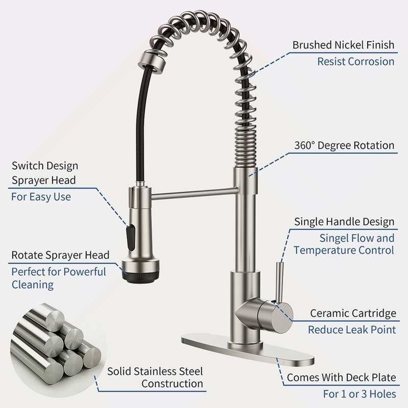 Robinet de cuisine avec douchette rétractable et 4 modes de pulvérisation Robinet d'évier de cuisine à poignée simple 1 ou 3 trous