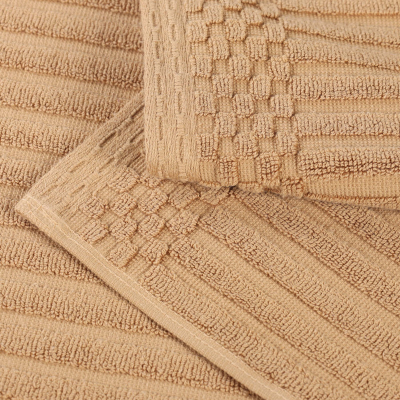 Soho Spa Highly Absorbent Cotton 3 Piece Assorted Size Checkered Border Towel Collection, Light Brown