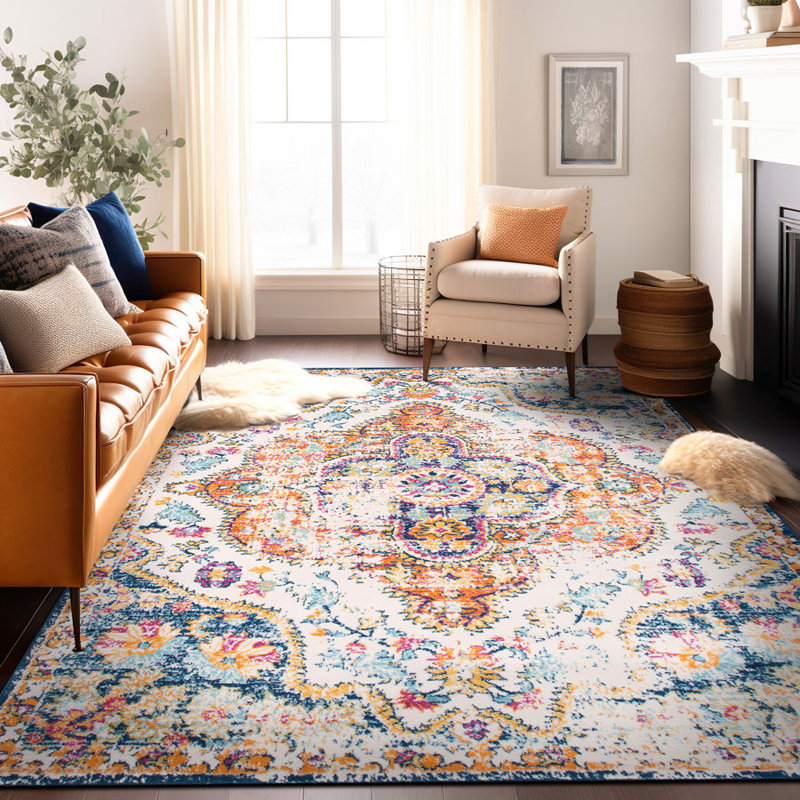 Beverly Oriental Orange/Blue/Cream Area Rug, Rectangle 4' x 6'