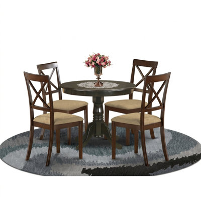 Linen White Wood Round Dining Table Set 5 Piece Pedestal Upholstered Chairs