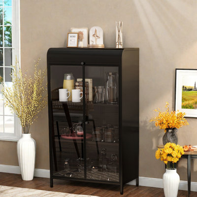 Tall Metal Sideboard With Glass Doors & Flip-top, 4-tier Design, Durable Steel Frame And Arched Top