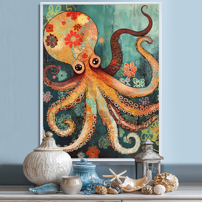 «Flowerful Octopus Deep Sea Boho Vintage», art mural poulpe / calmar, Toile flottante blanche encadrée, H 20 po x l 12 po