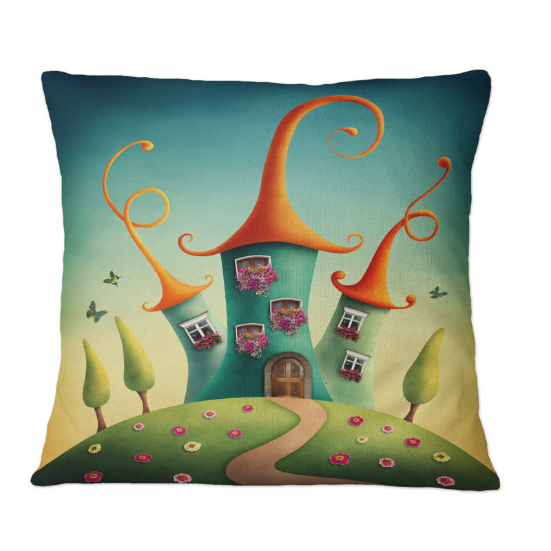 Coussin décoratif bleu fantaisie avec toits rouges - fantaisie, 16 po x 16 po