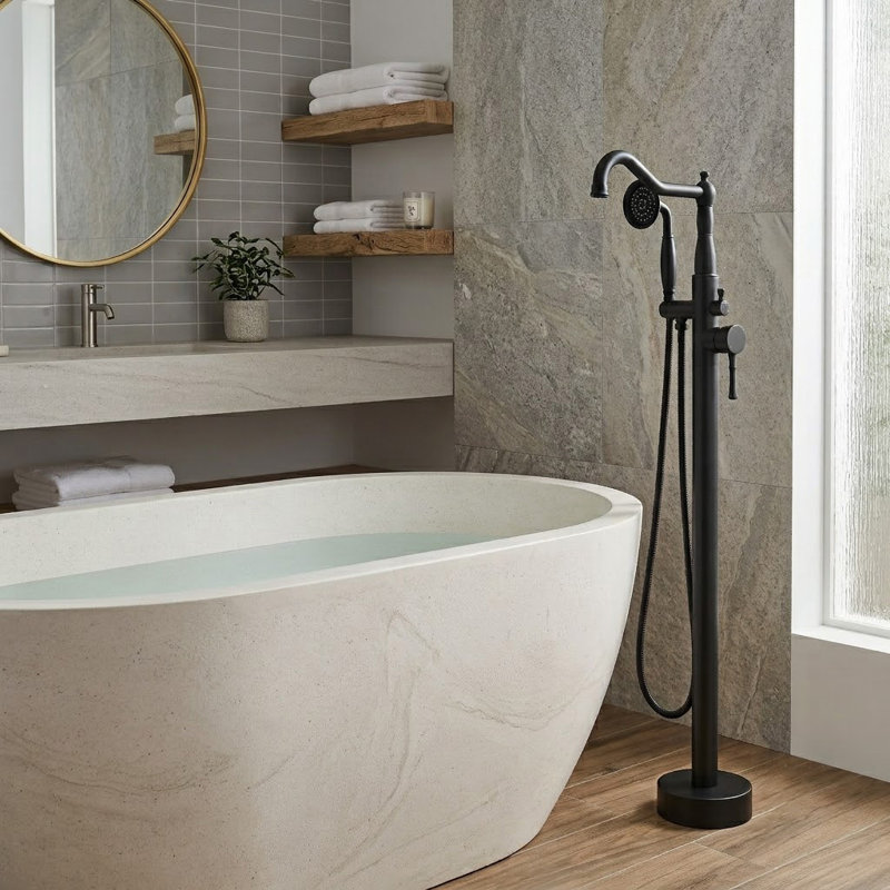 Robinet de baignoire moderne à fixation au sol avec douche à main, noir mat