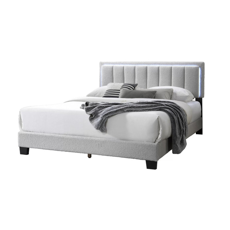 Lit double Jiana, revêtement en laine gris clair, tête de lit à DEL, Noir / gris clair