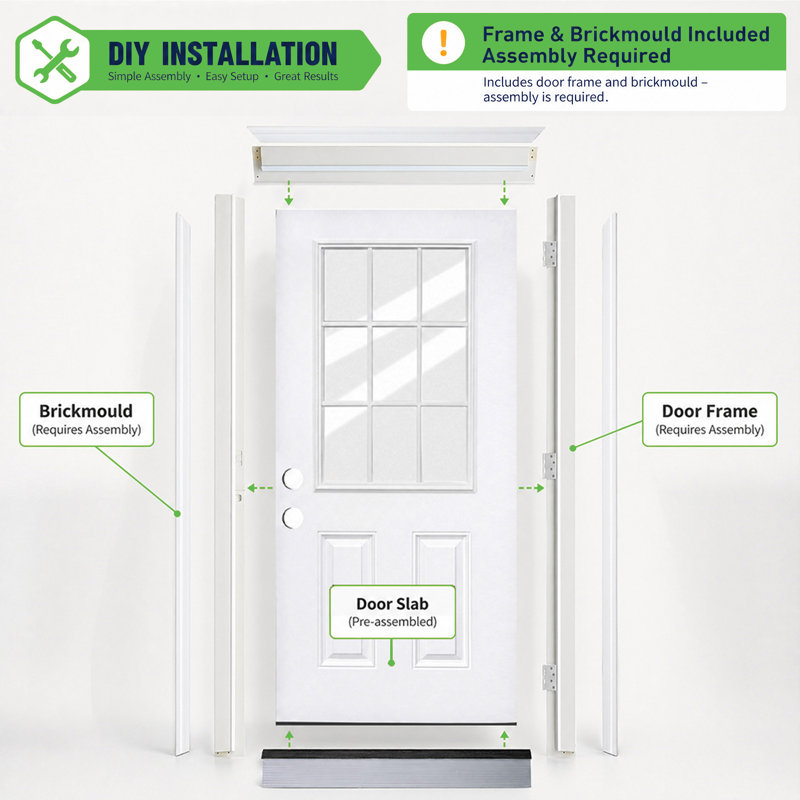Porte d'entrée Calhome 36 po x 80 po en verre clair apprêté à faible émissivité de 9 po avec cadre en Vynyl à assemblage rapide et moulure de brique extérieure avant droite