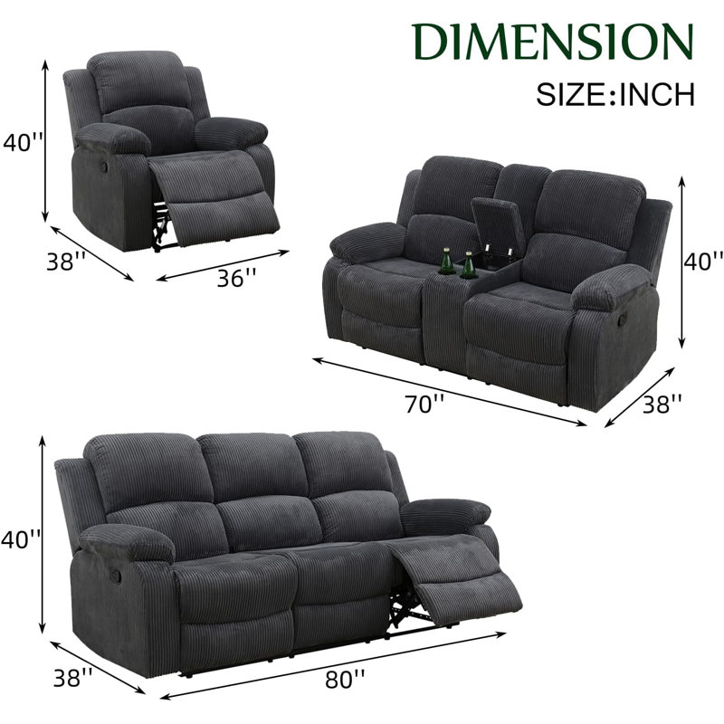 Ensemble de canapé de salon inclinable 3 pièces, Flanelle gris foncé